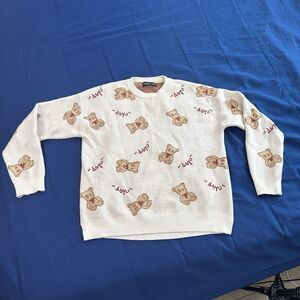 Dangerous People Sweater S Beige Teddy Bear Print AOP Wool Blend Crew Neck